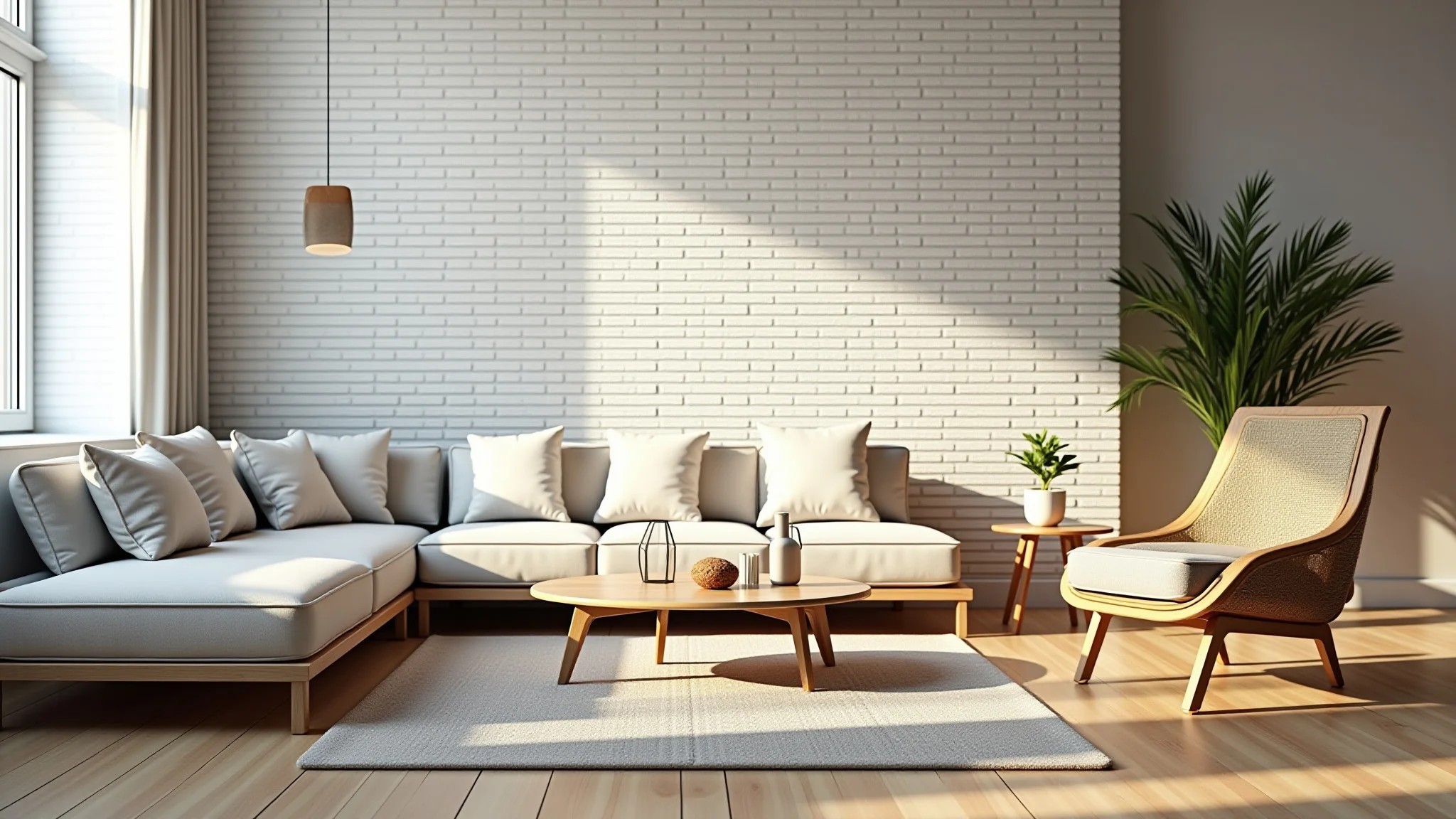 Sala moderna com parede de tijolinho branco e decoração minimalista.