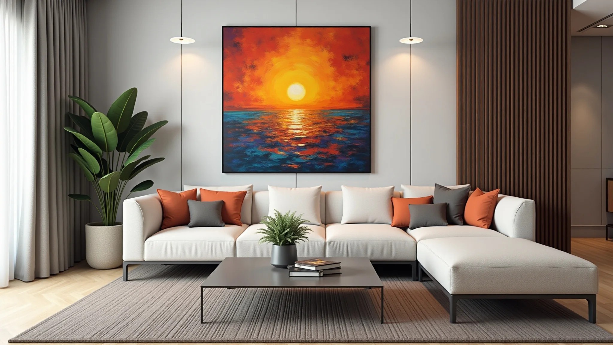 Sala de estar moderna com tela de arte abstrata e decoração colorida.