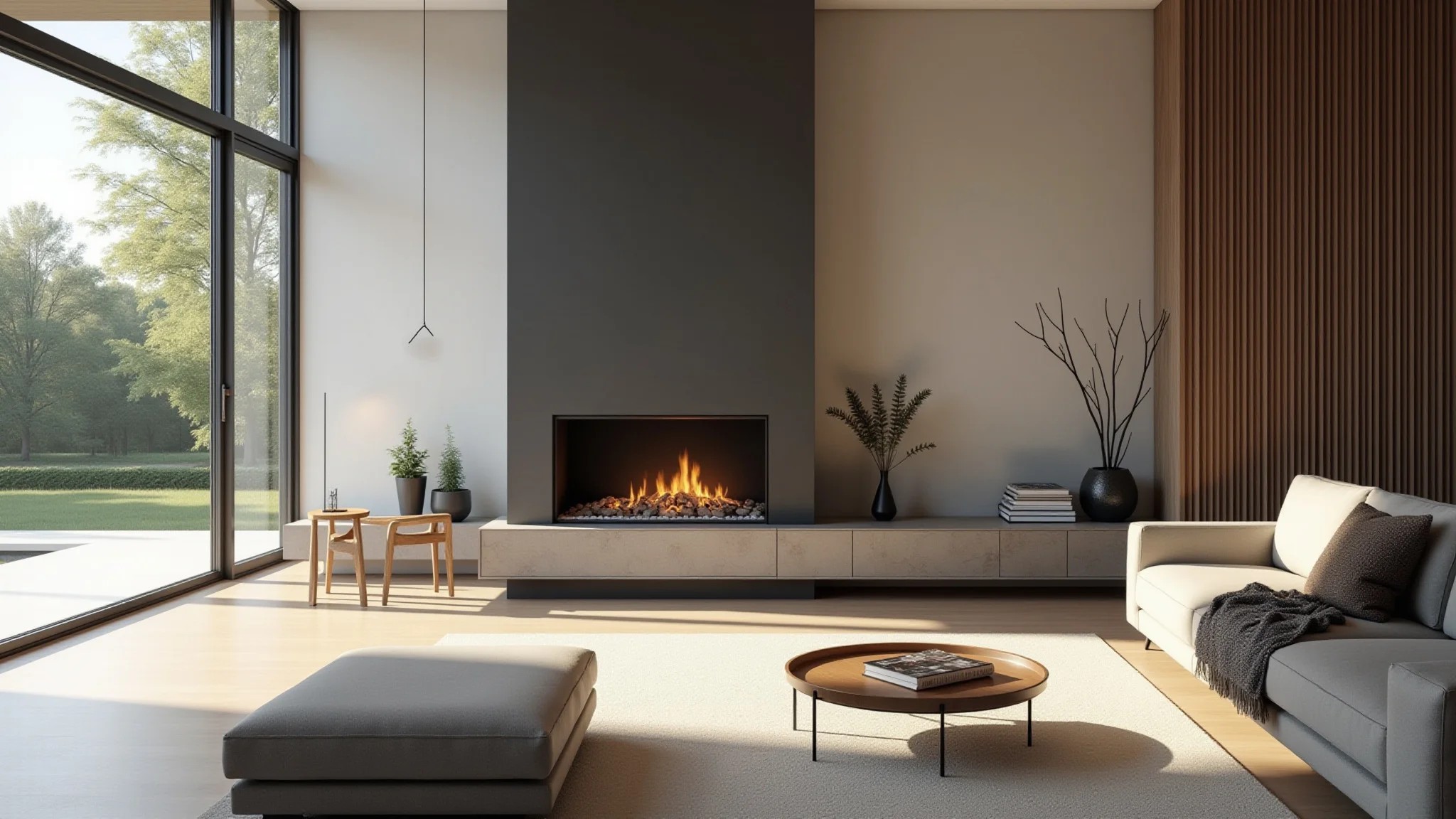 Sala de estar moderna com lareira ecológica, design minimalista e cerâmicas brasileiras.