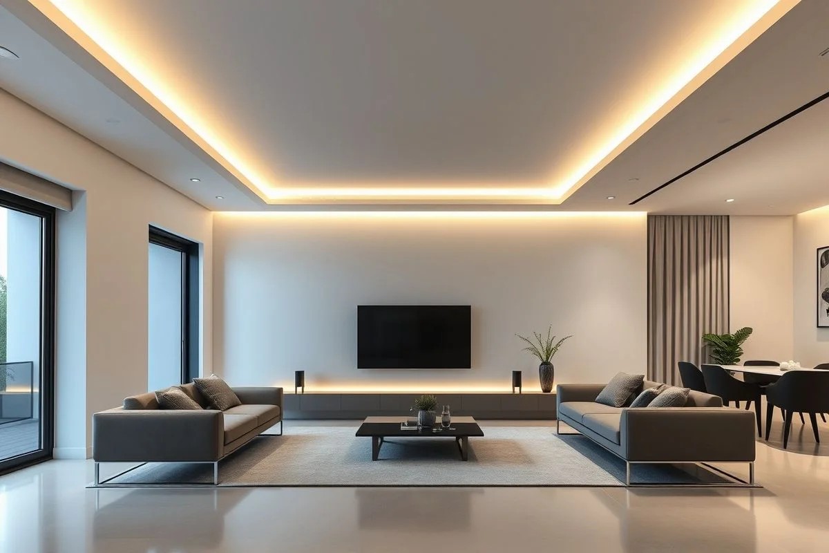 Sala moderna com sanca de gesso e fita de LED atrás da TV, design brasileiro.