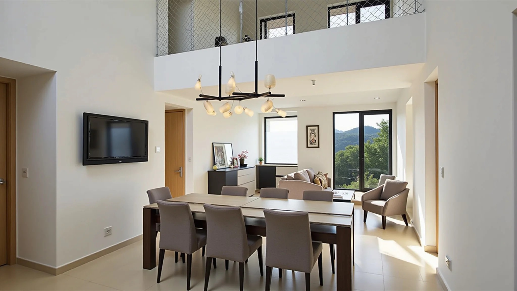 Sala moderna com lustre minimalista e pé direito duplo.