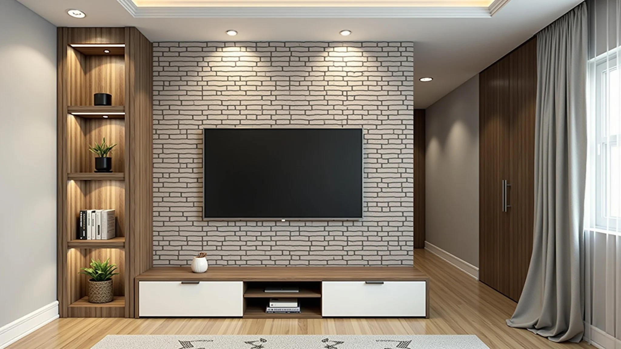 Sala moderna com parede de tijolinho aparente, design econômico.