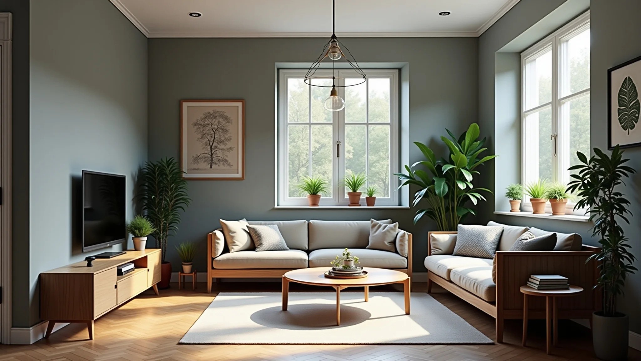 Sala de estar moderna com paredes cinzas, móveis de madeira e plantas.