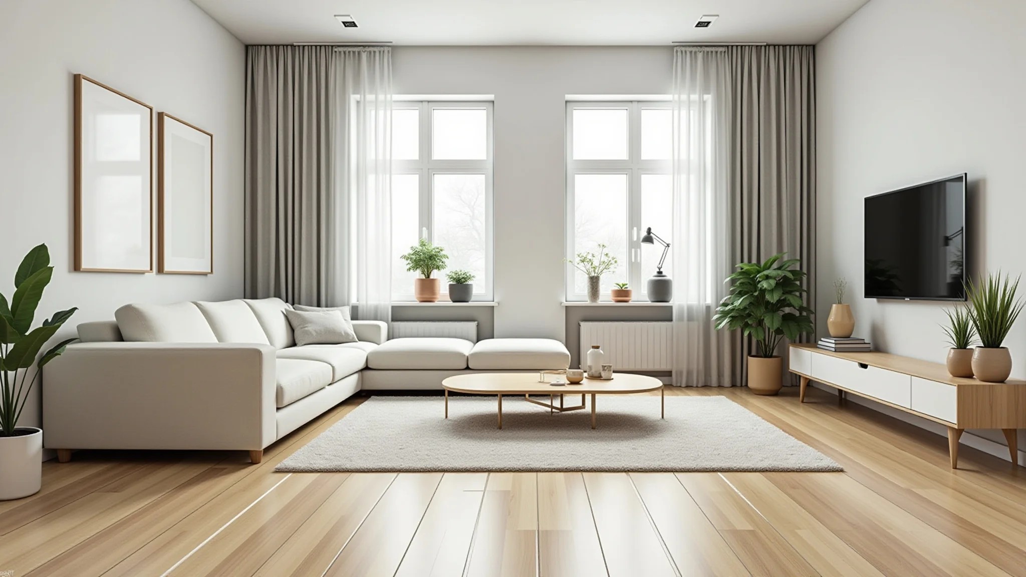 Sala moderna com piso claro, decoração minimalista e iluminação natural abundante.