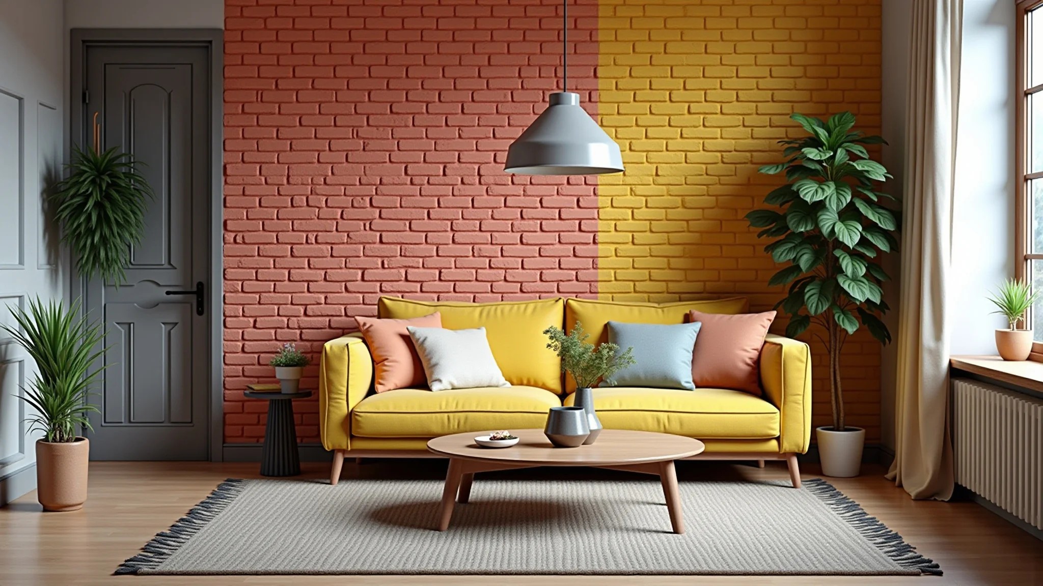 Sala moderna com parede de tijolinho pintada em cores vibrantes, estilo Farm Rio.