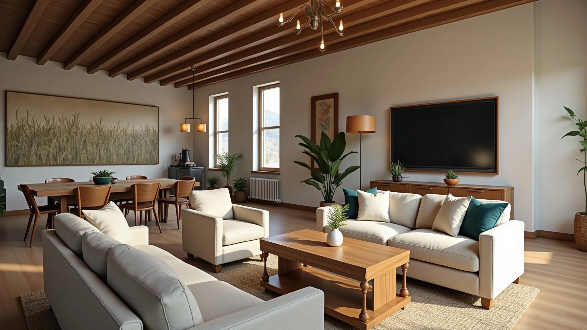 Sala moderna com toques rústicos, móveis de madeira, texturas naturais e tons terrosos.