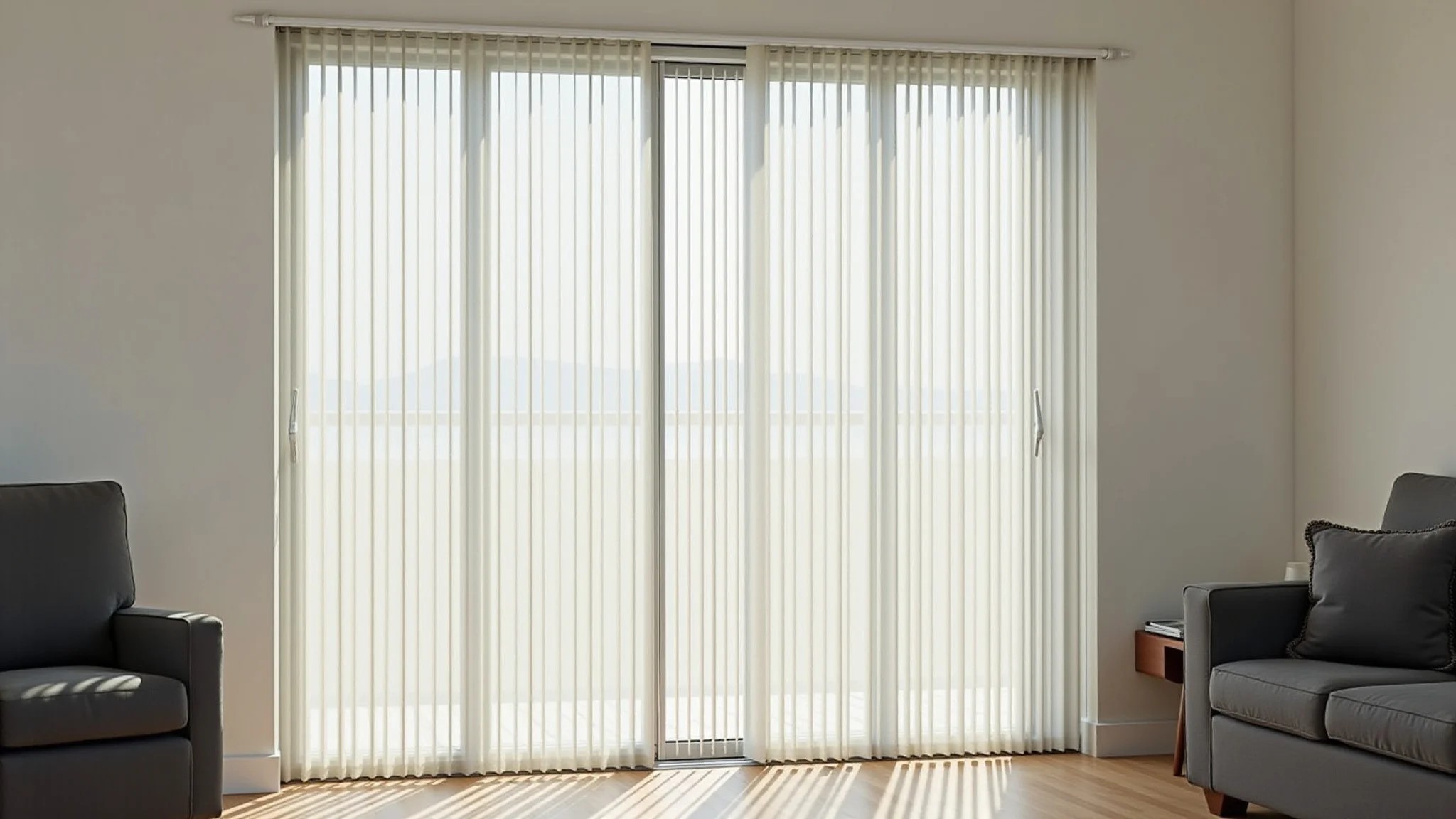 Sala moderna com persianas verticais na porta de vidro, design minimalista.