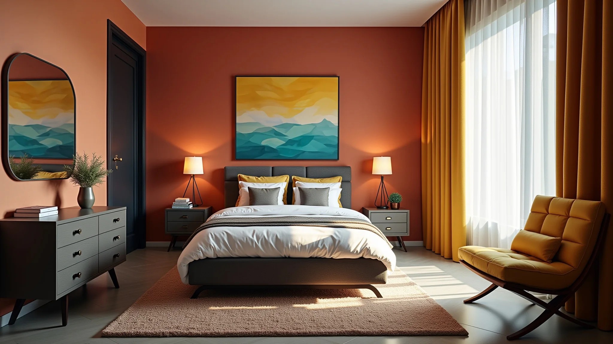 Quarto masculino moderno com cores vibrantes e padrões geométricos.