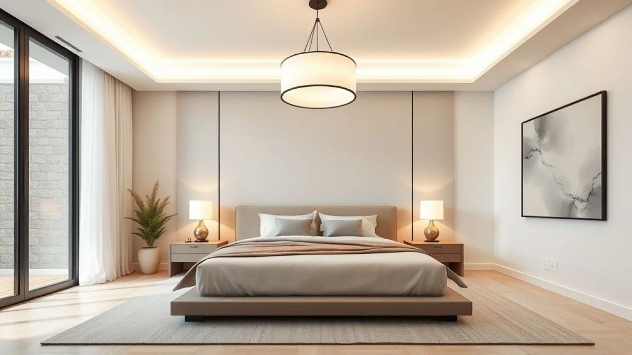 Quarto de casal moderno com lustre pendente minimalista e iluminação suave.