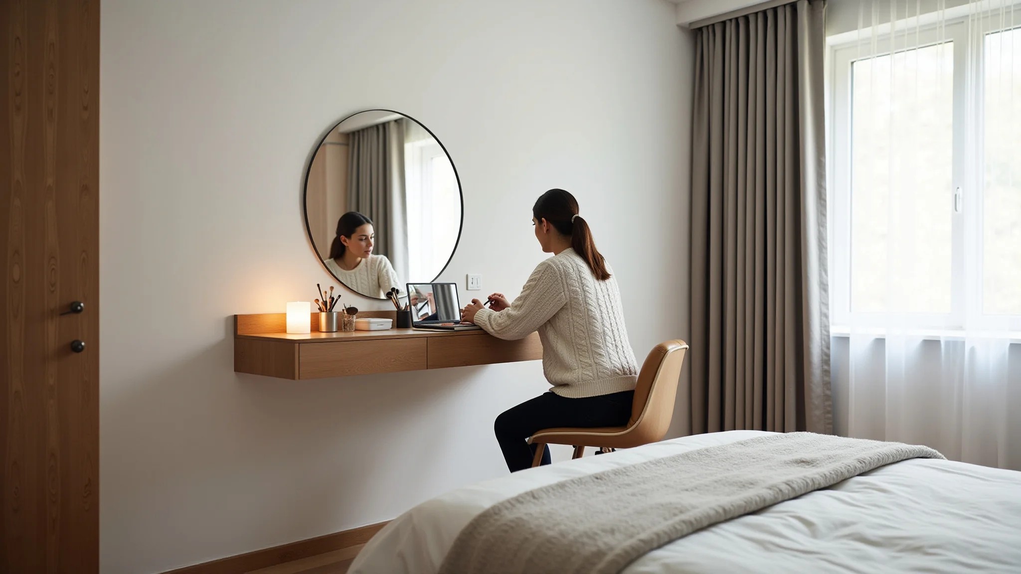 Quarto minimalista com penteadeira suspensa e mulher organizando maquiagem.