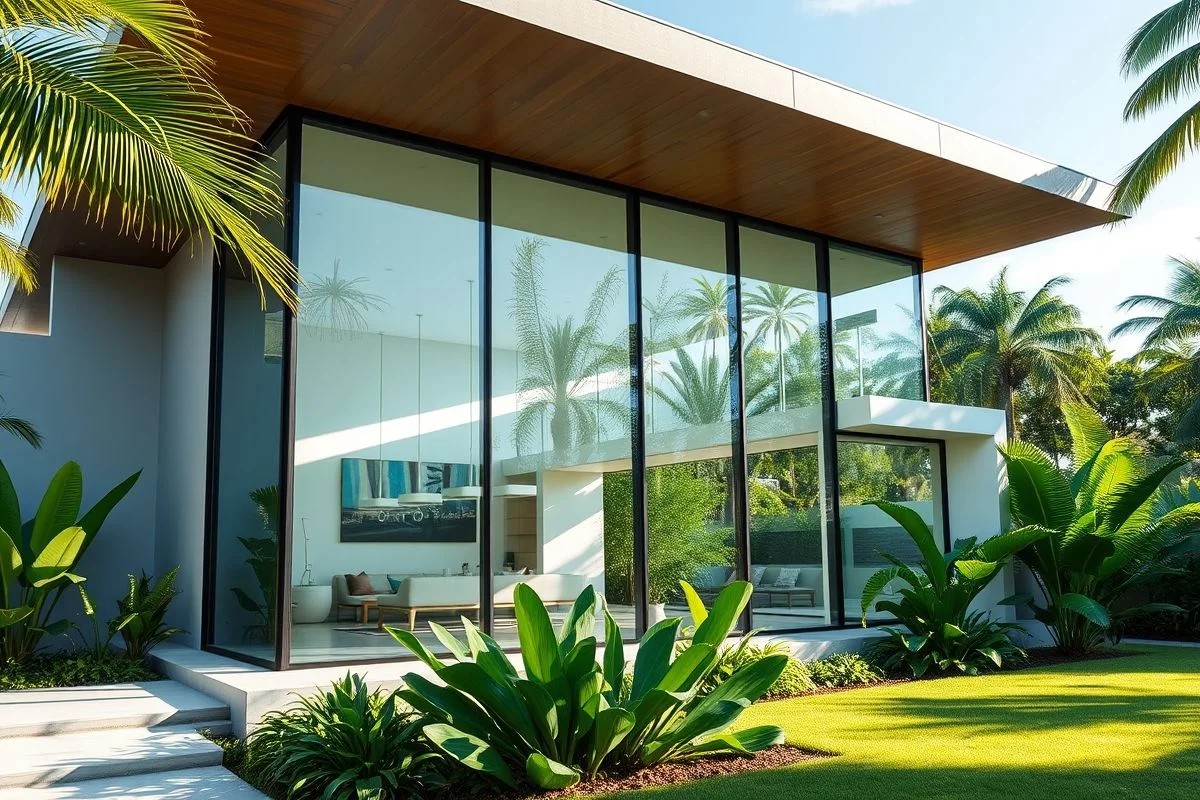 Fachada de vidro minimalista com paisagismo exuberante no Brasil
