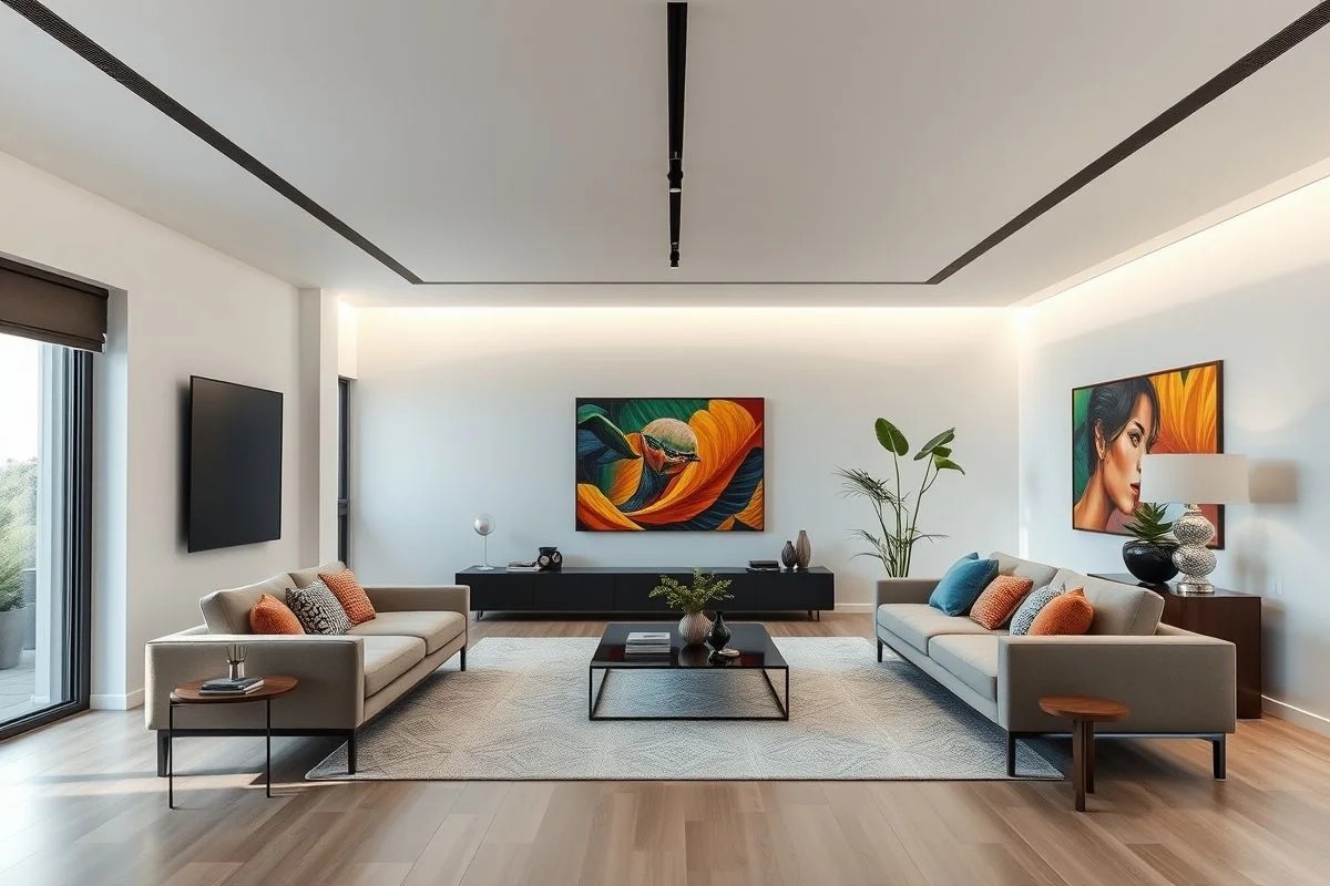 Sala minimalista com trilho embutido, design clean e moderno.