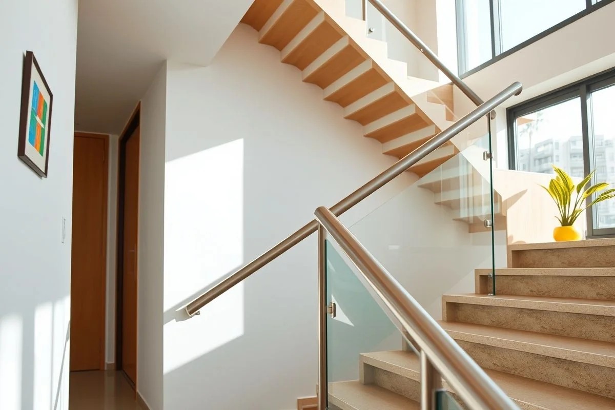 Corrimão inox moderno em apartamento brasileiro: design minimalista e elegante