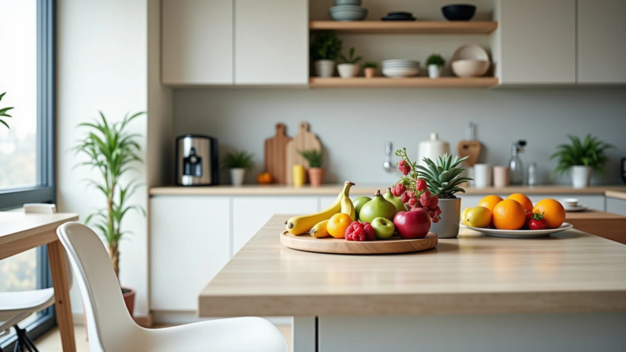 Cozinha de escritório moderna com lanches saudáveis e design clean.
