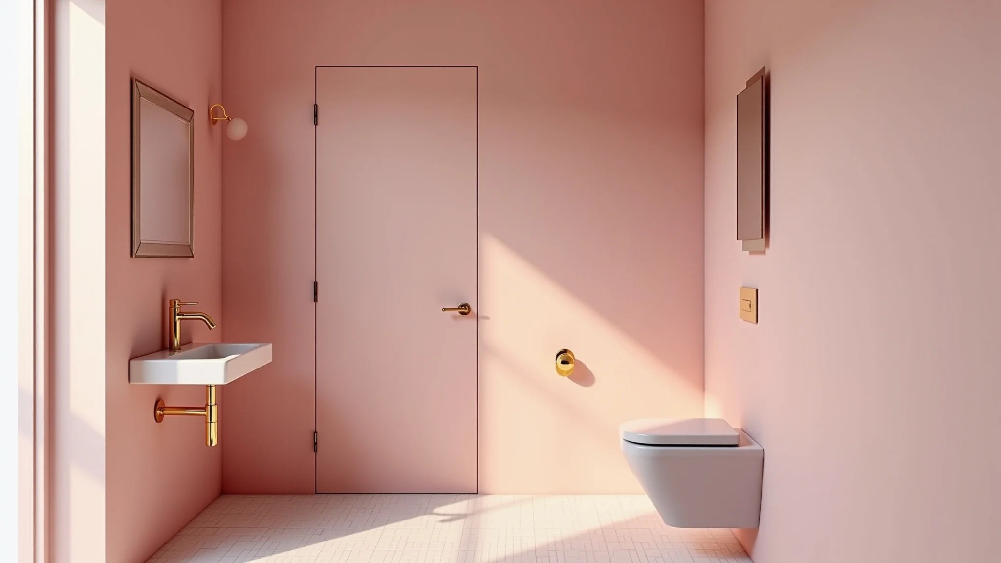 Banheiro moderno rosa com acessórios dourados e design minimalista, iluminação suave.