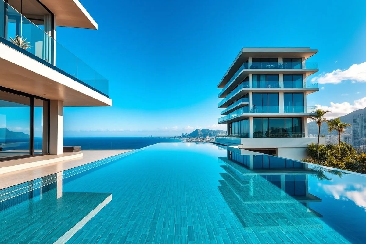 Prédio moderno com piscina infinita em Copacabana, Rio de Janeiro, luxo e sofisticação.