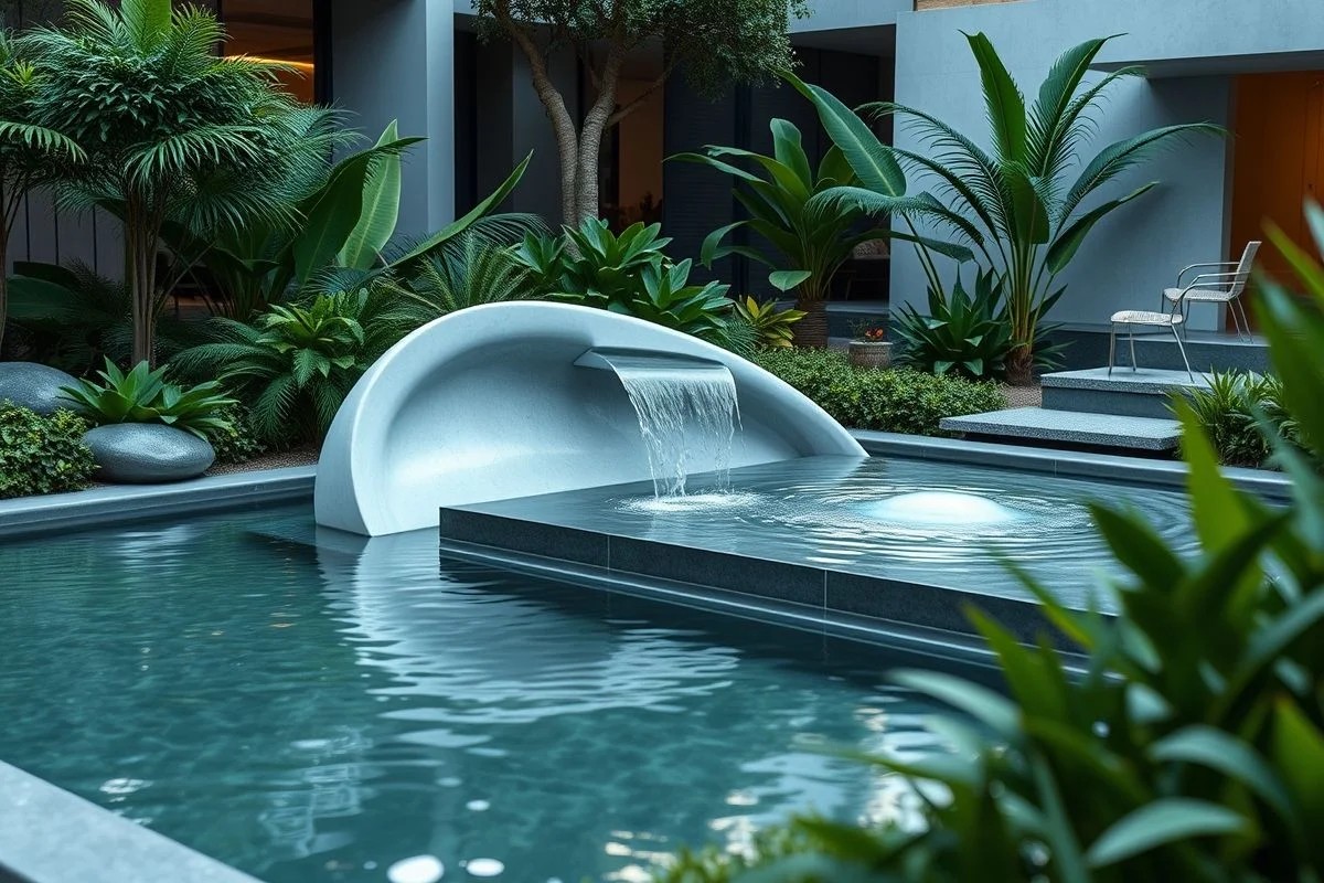 Fonte escultural moderna em jardim minimalista brasileiro, design sofisticado.
