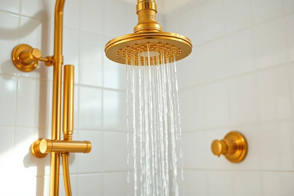 Chuveiro moderno com acabamentos dourados em um banheiro claro e clean
