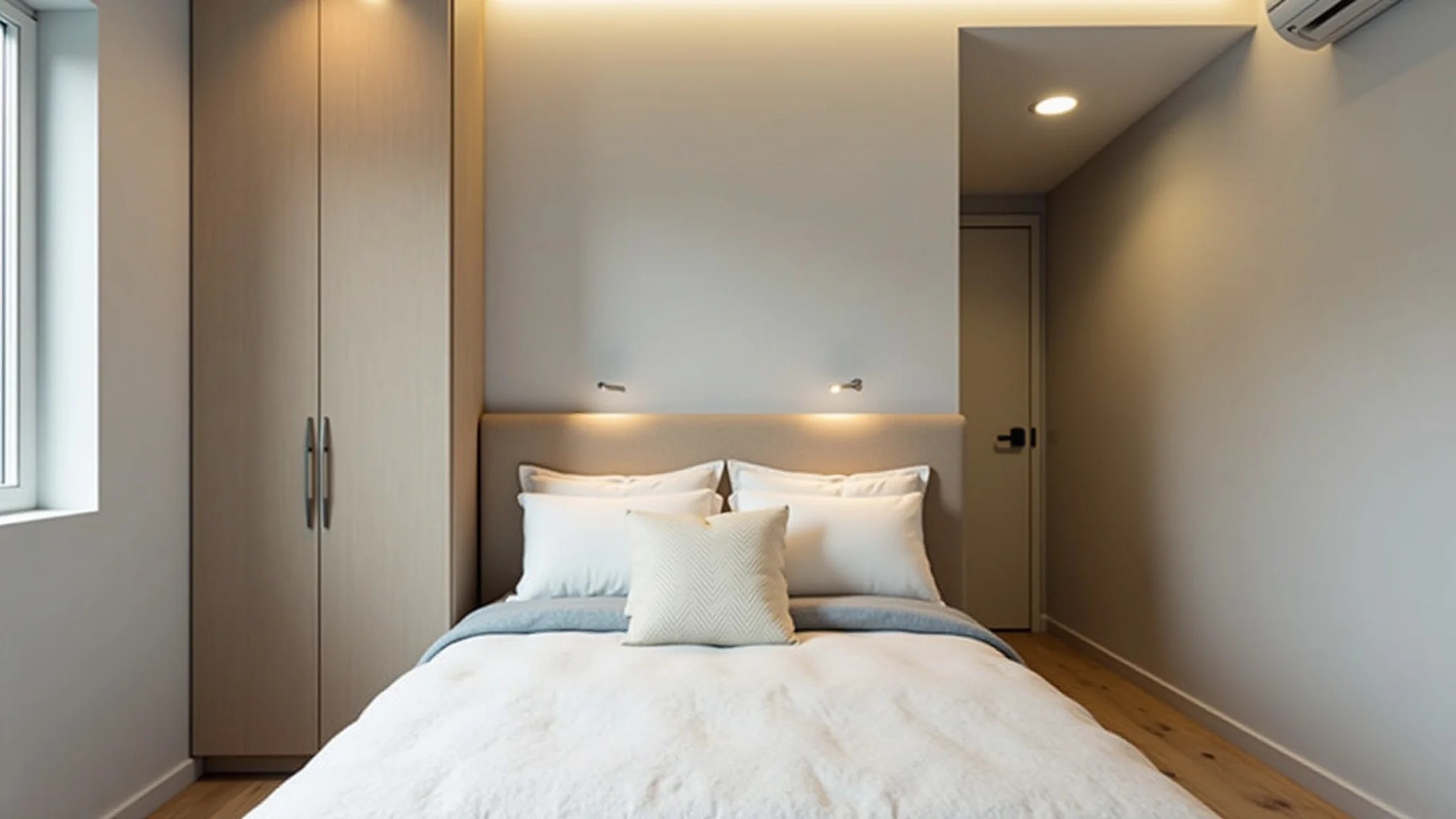 Quarto pequeno moderno com guarda-roupa aéreo e design minimalista.