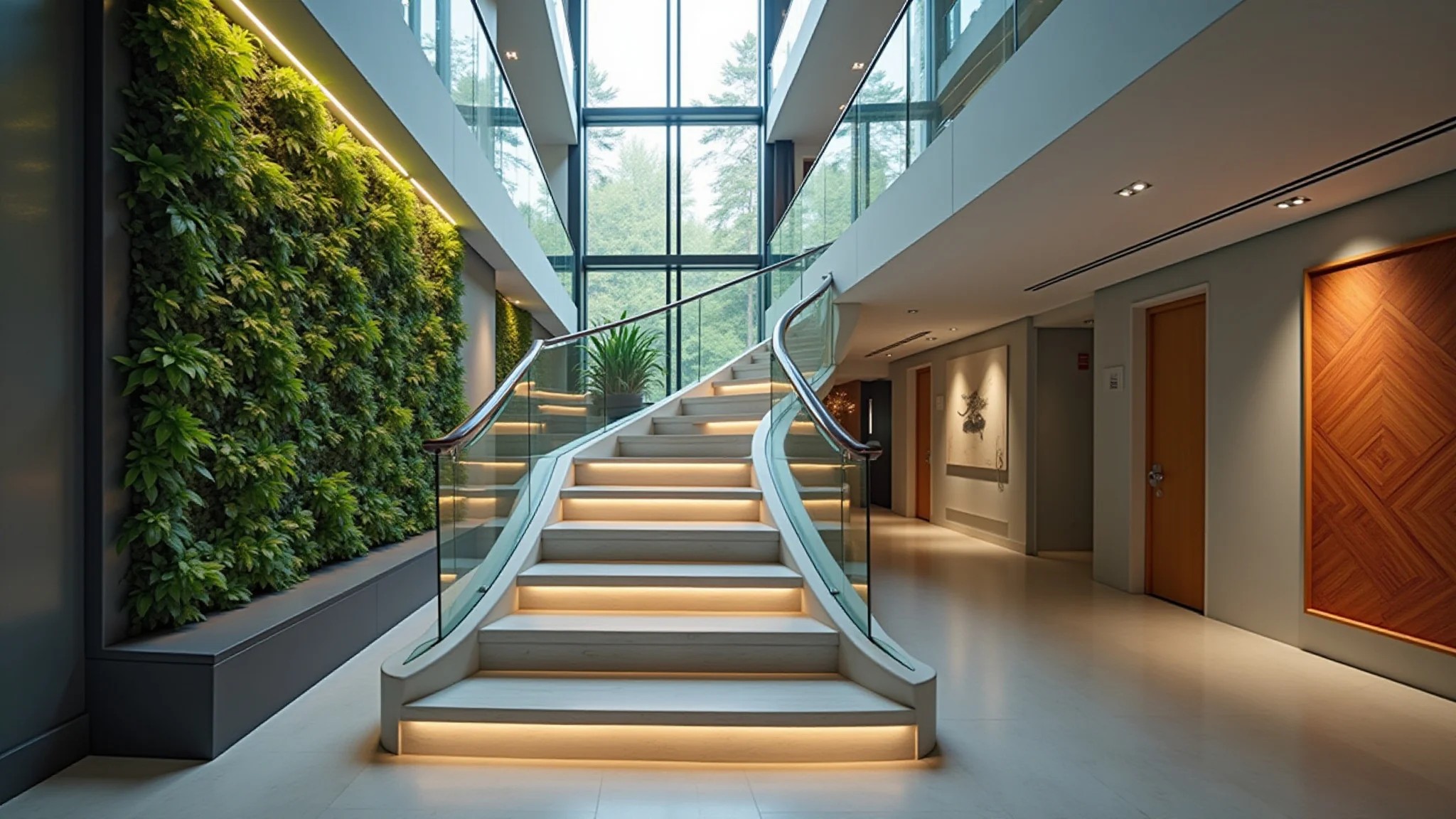 Escada moderna em ambiente com pé direito alto, guarda-corpo de vidro e jardim vertical.