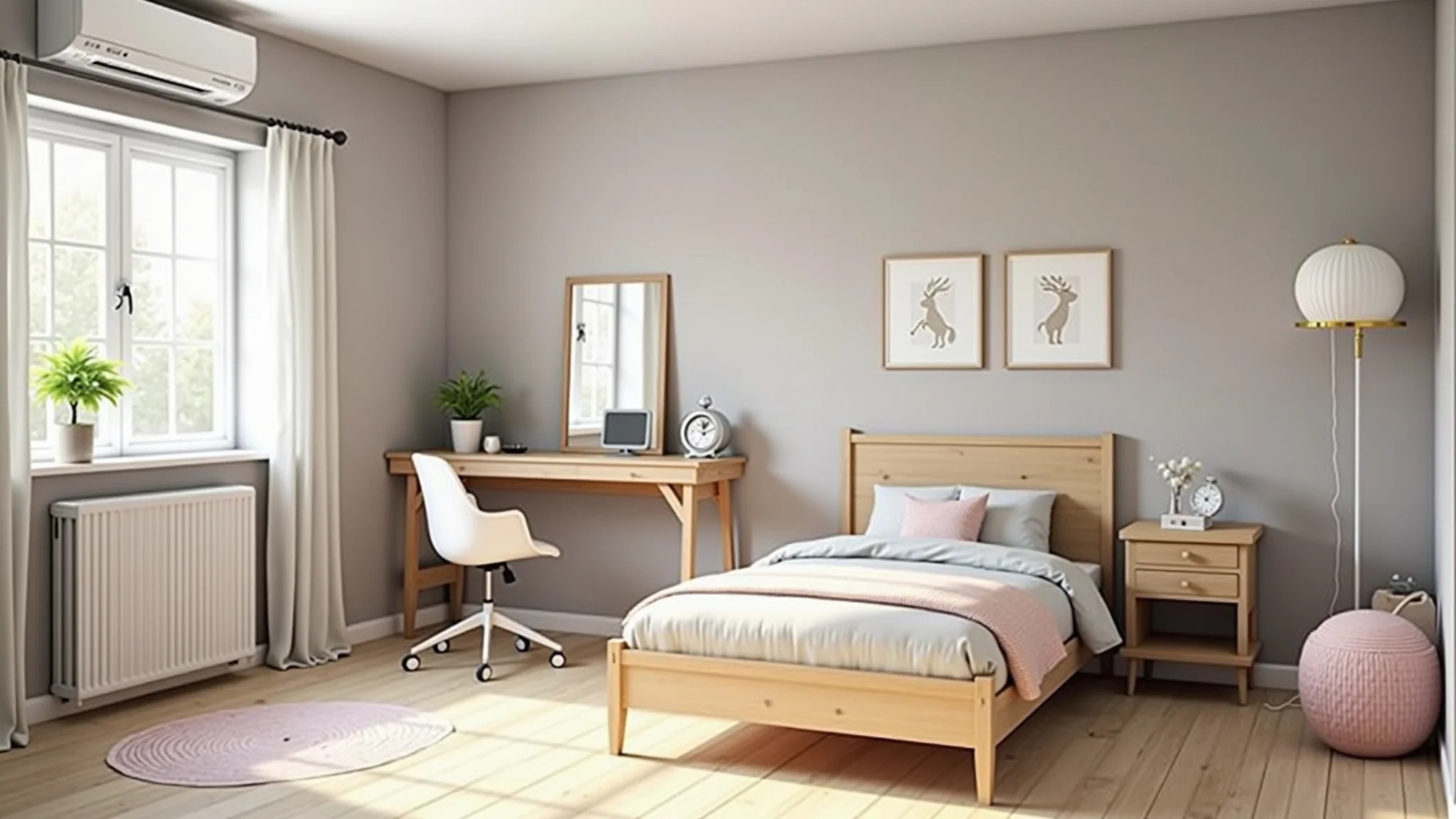 Quarto moderno para adolescente com design minimalista, cores neutras e móveis funcionais.