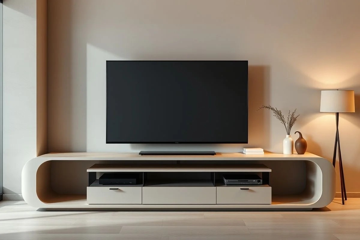 Rack moderno para TV, design minimalista, cores neutras, estilo brasileiro.