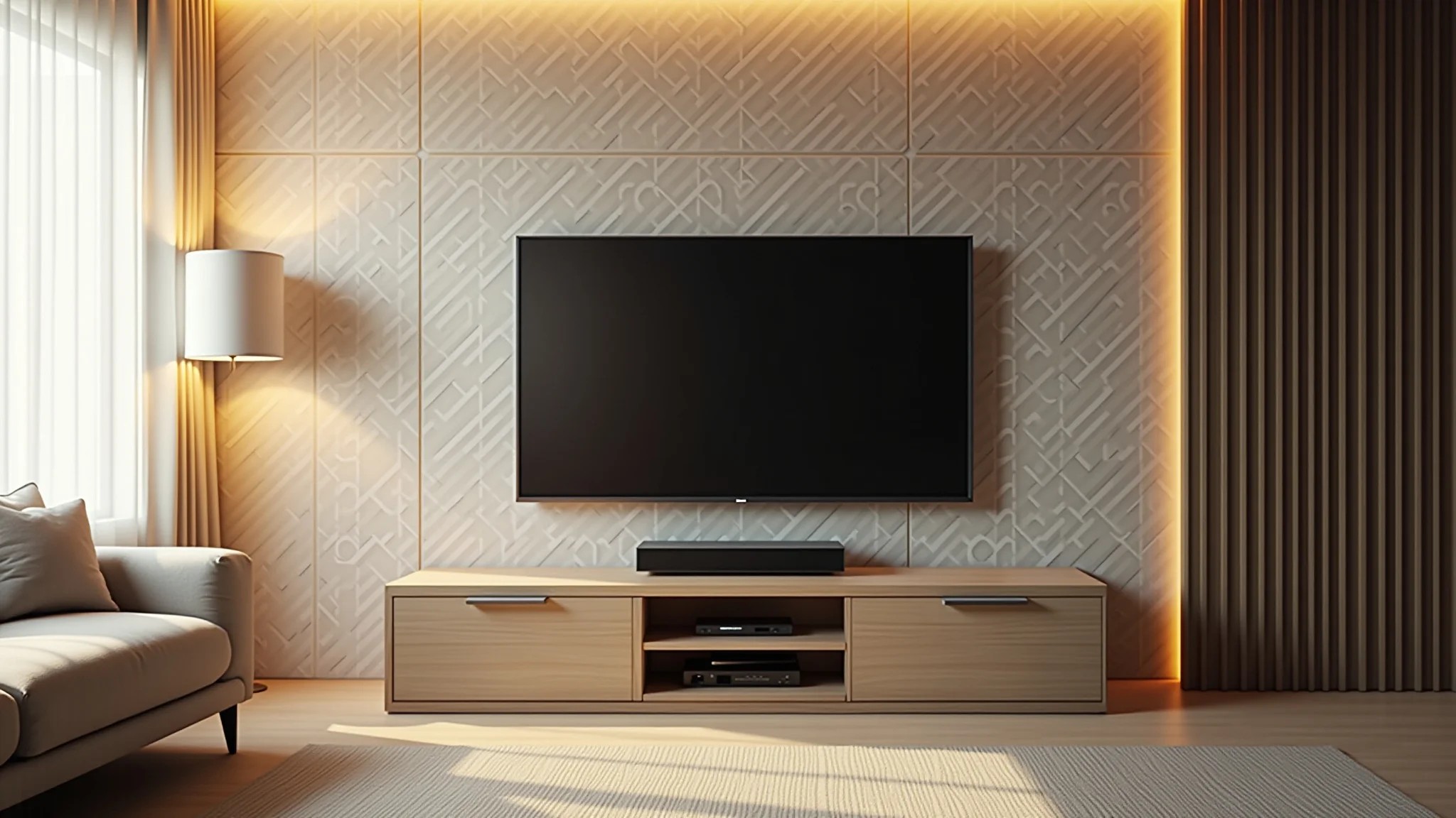 Sala de TV moderna com papel de parede geométrico e design minimalista.