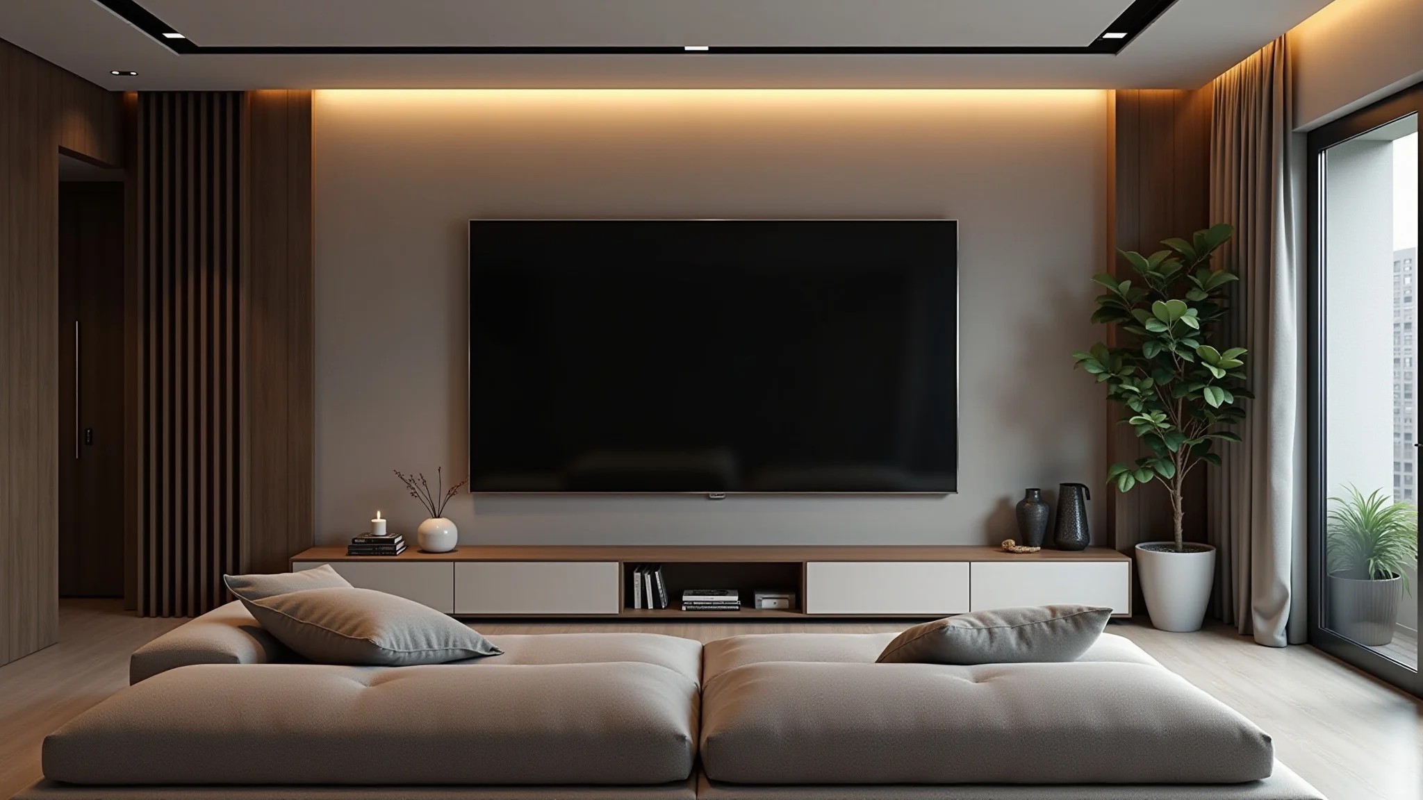 Sala de TV moderna com tela grande, sofá confortável e iluminação indireta.