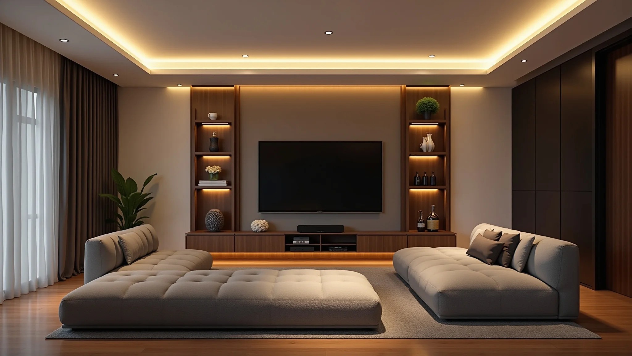 Sala de TV moderna com decoração minimalista, sofá confortável e iluminação indireta.