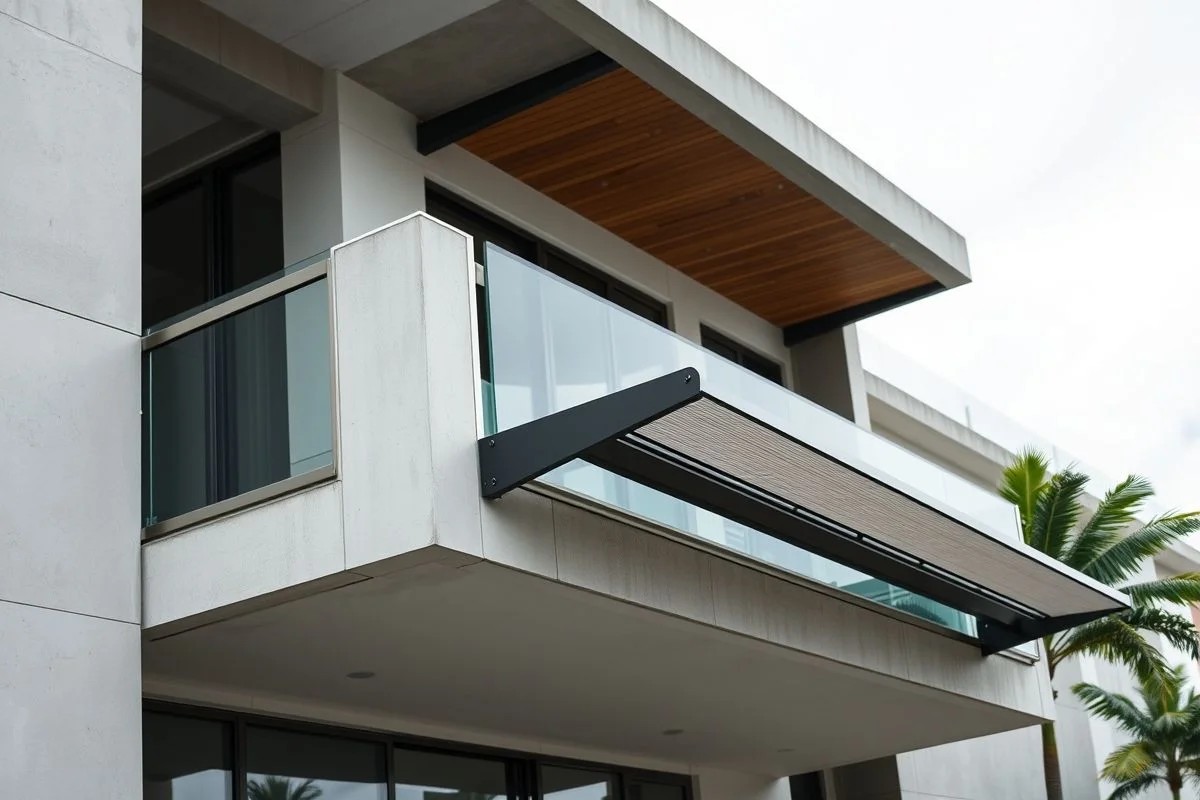 Varanda moderna com toldo fixo protegendo da chuva, design contemporâneo.