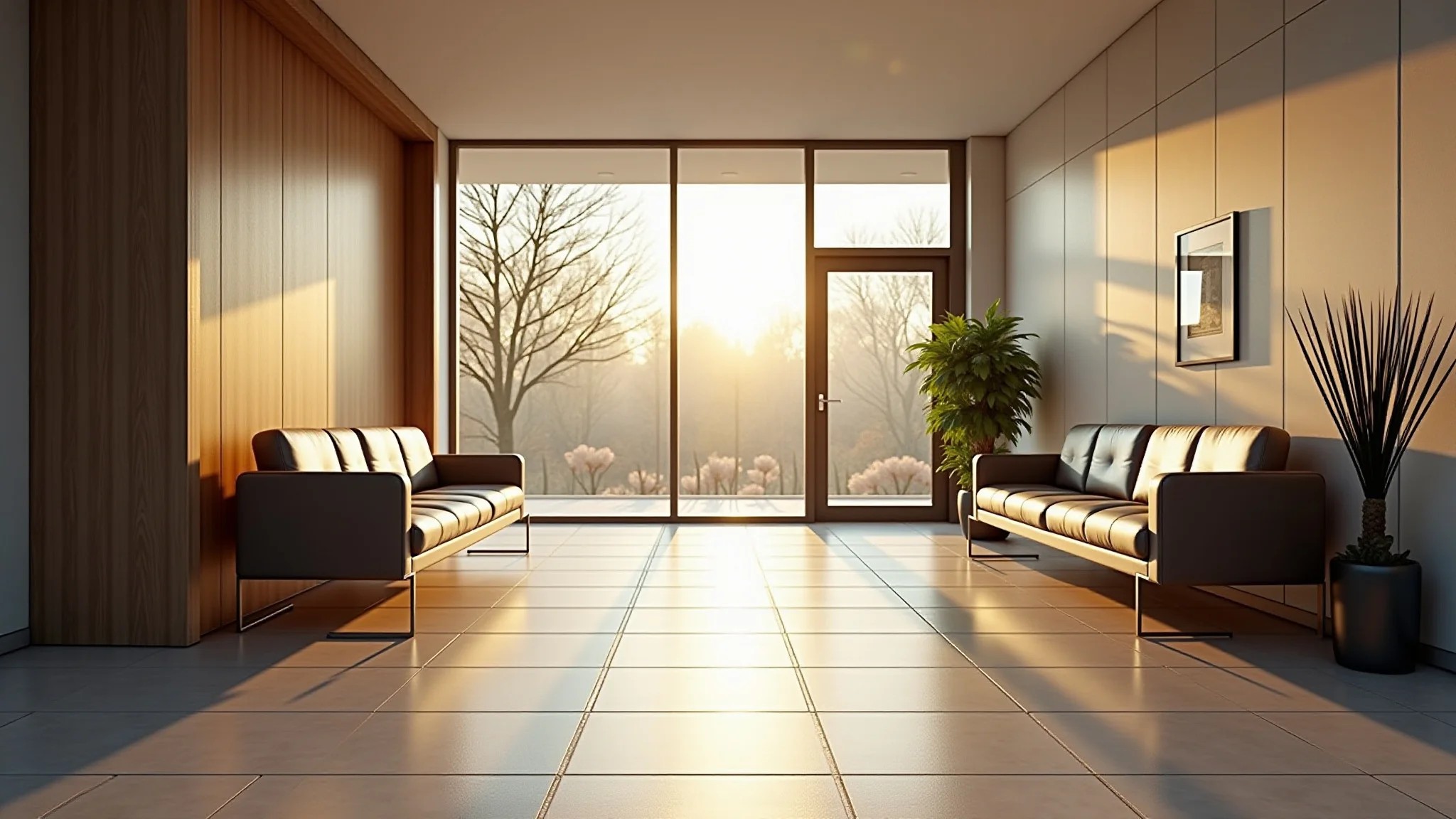 Área de espera moderna com piso de porcelanato elegante e design minimalista.