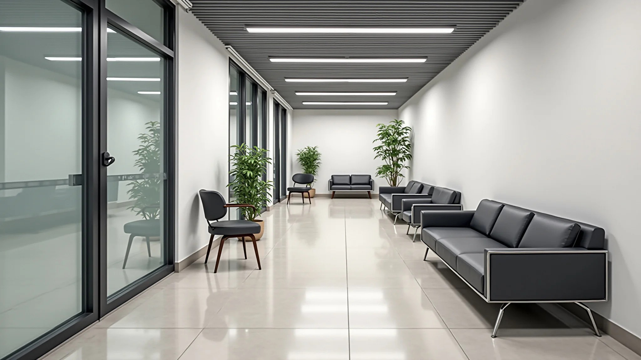 Sala de espera moderna com piso elevado e design minimalista.