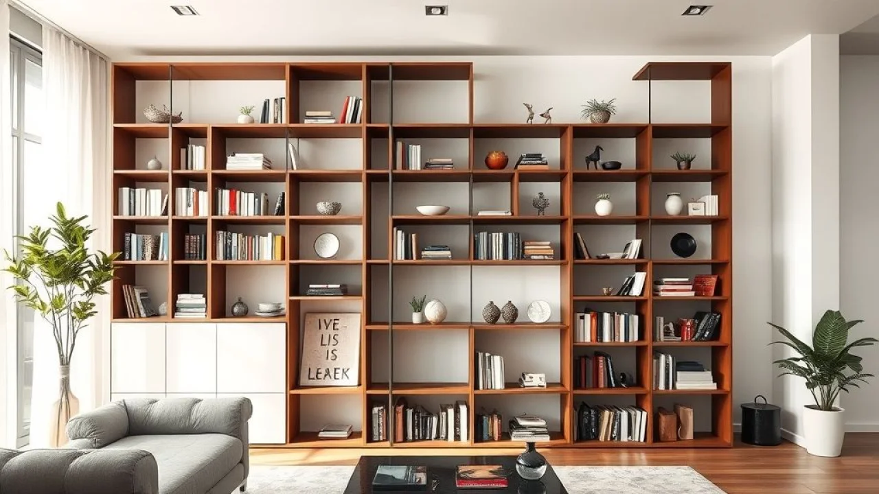 Estante modular em apartamento brasileiro, exibindo livros e objetos decorativos.