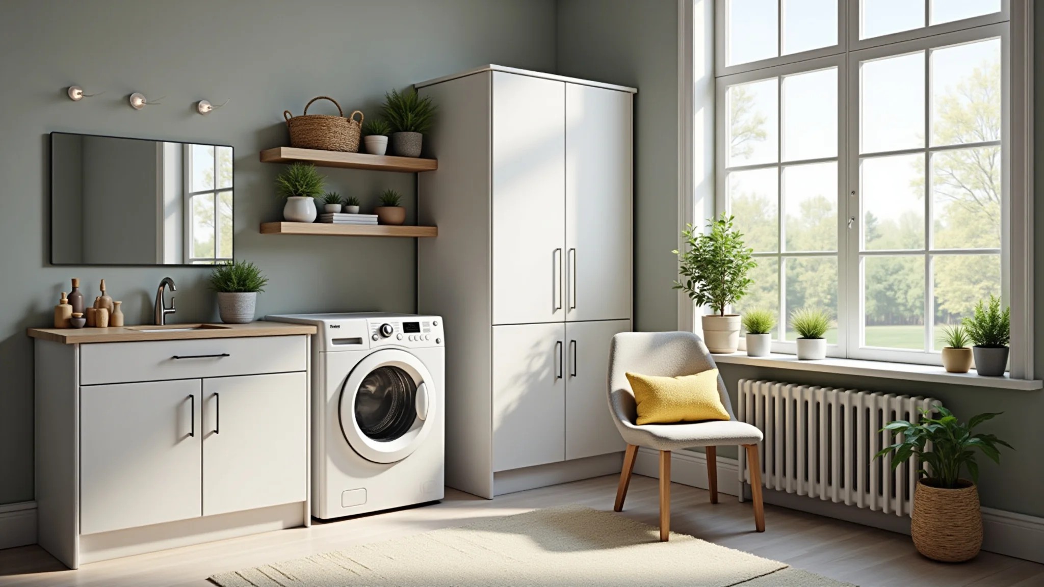 Armários modulares organizando lavanderia pequena com estilo.