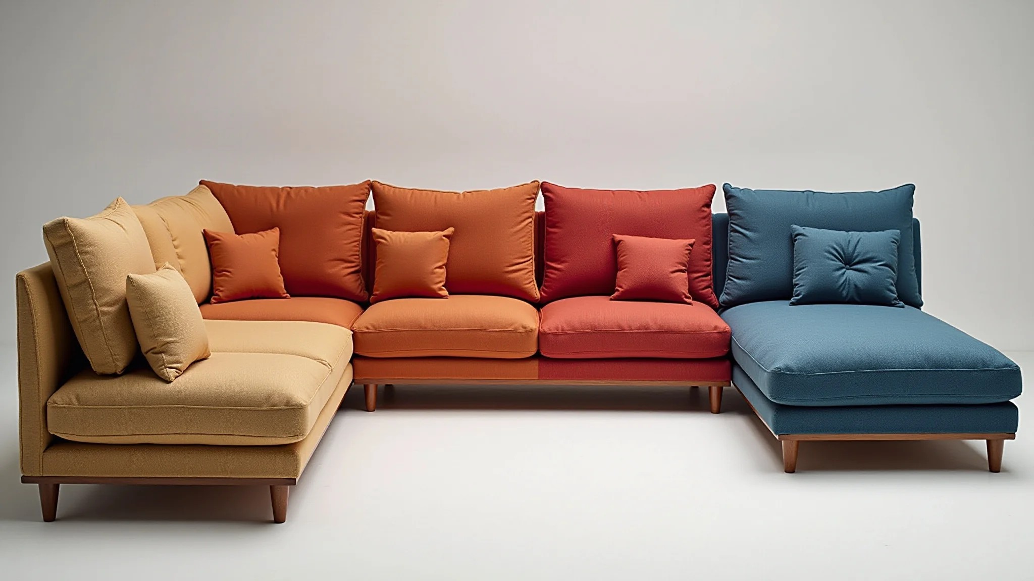 Sofá de canto modular, cores vibrantes, estilo brasileiro, detalhes em madeira e almofadas confortáveis.