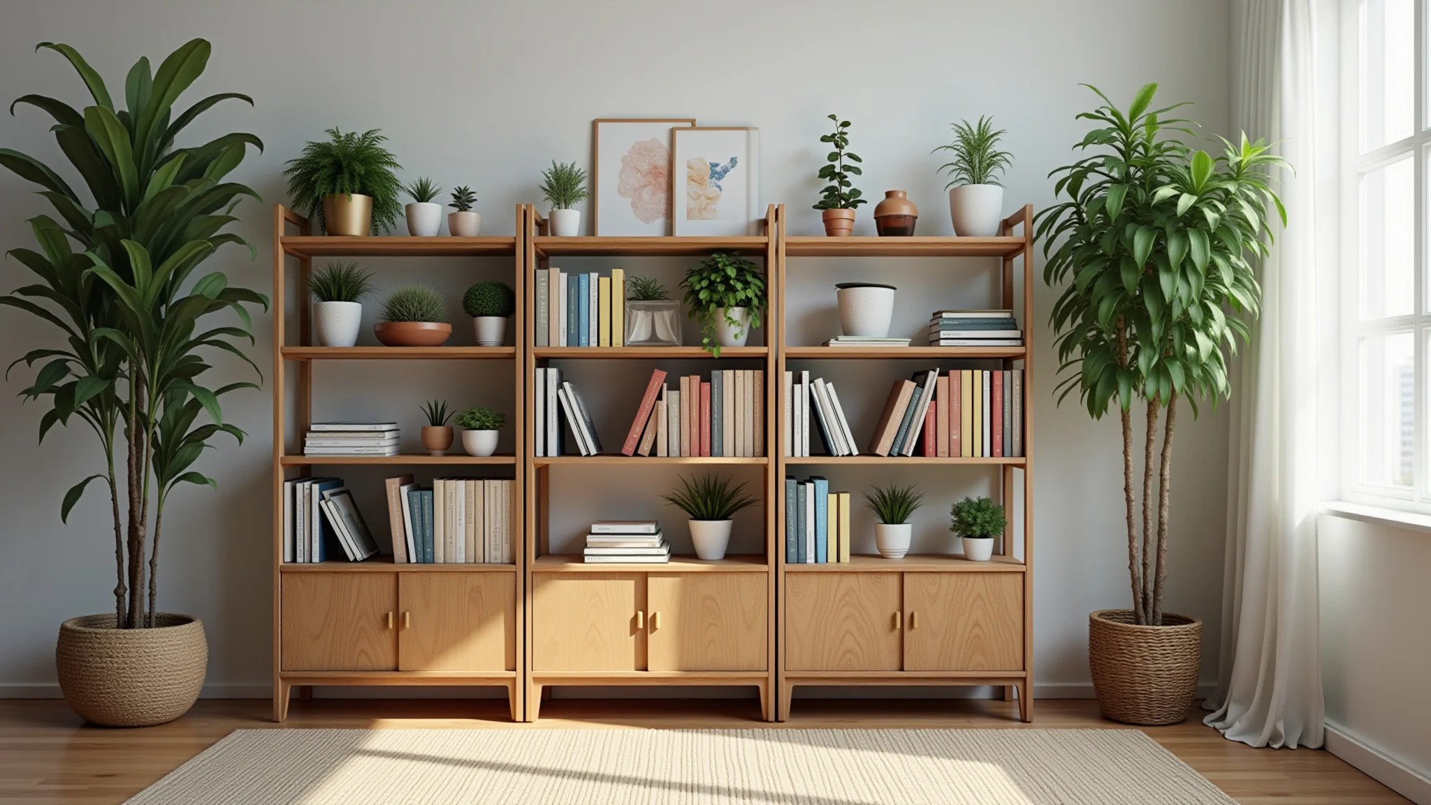 Estante modular adaptável em sala de estar pequena no Brasil, com plantas e livros coloridos.