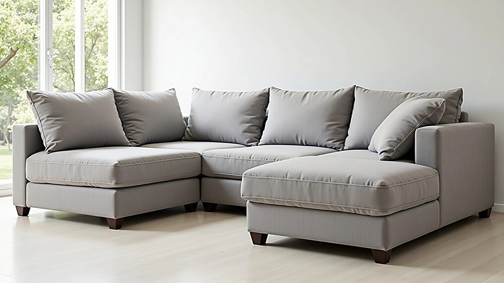 Sofá modular com capas removíveis, fácil de limpar, em sala de estar iluminada.