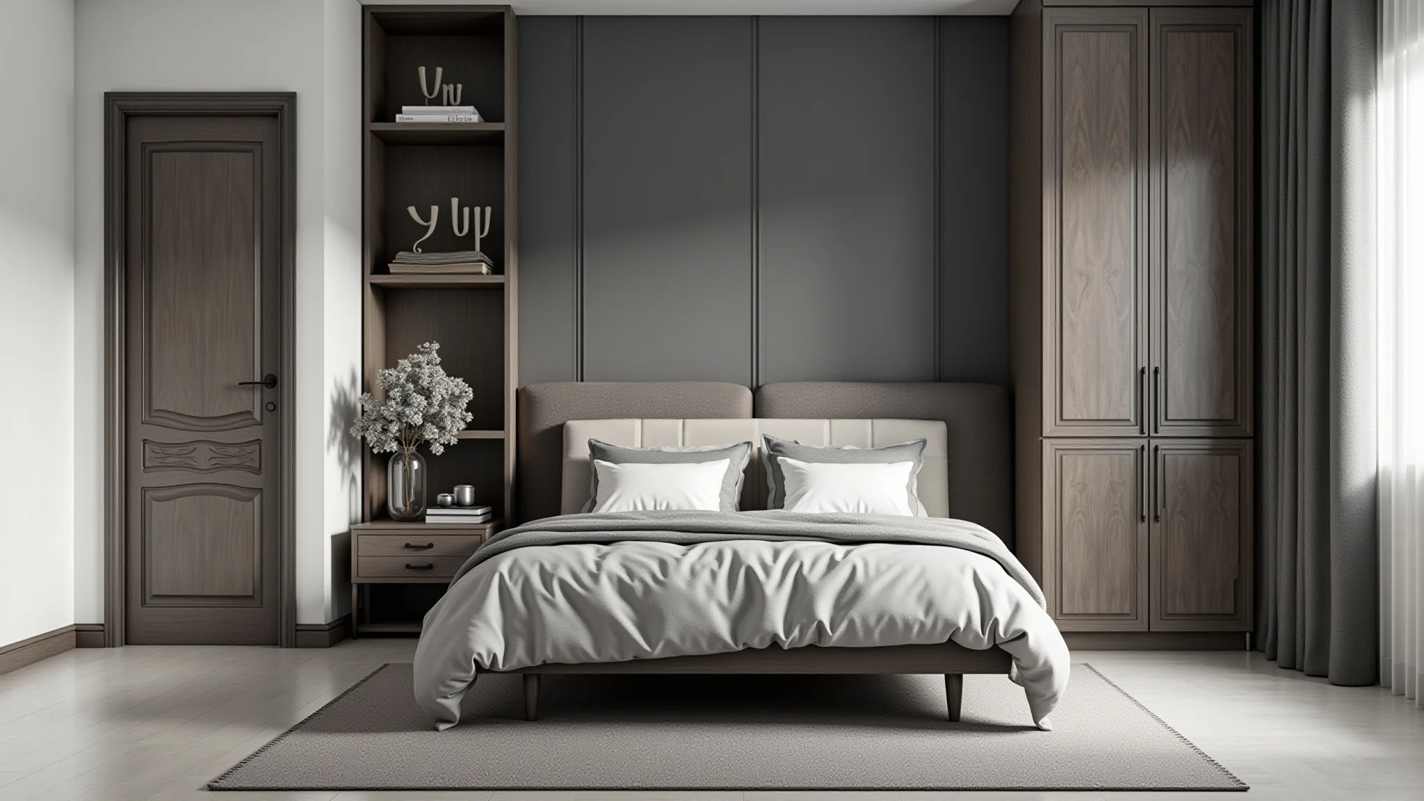 Design de interiores monocromático em cinza, texturas variadas, luz natural.