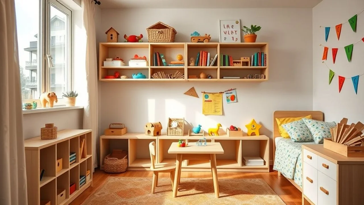 Quarto Montessoriano para criança de 2 anos, prateleiras baixas, brinquedos organizados, autonomia.