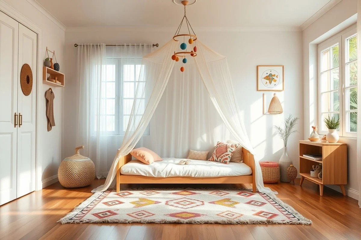 Cama montessoriana no chão com dossel, mobile e tapete em quarto infantil brasileiro.