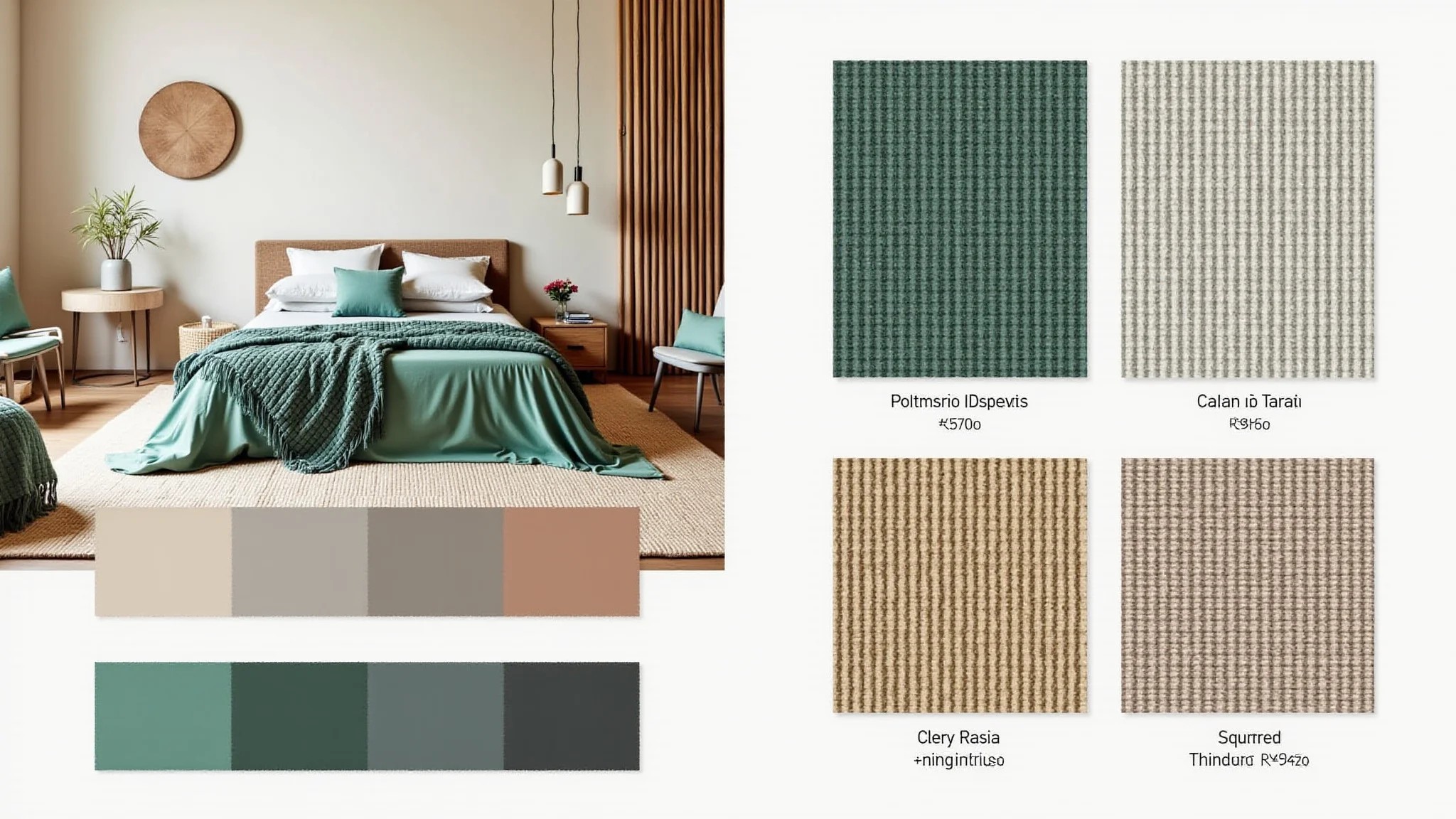 Mood board com paletas de cores, amostras de tecido e inspiração para design de interiores.