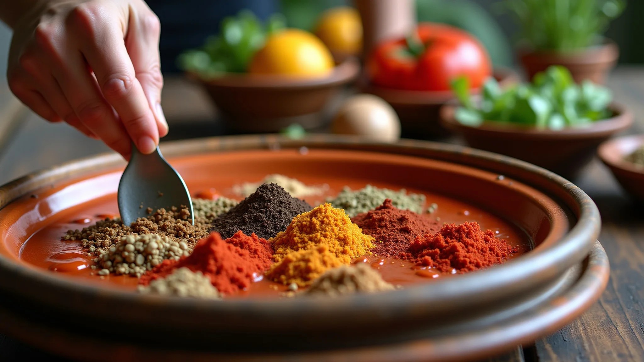 Aula de culinária marroquina com especiarias e ingredientes frescos.