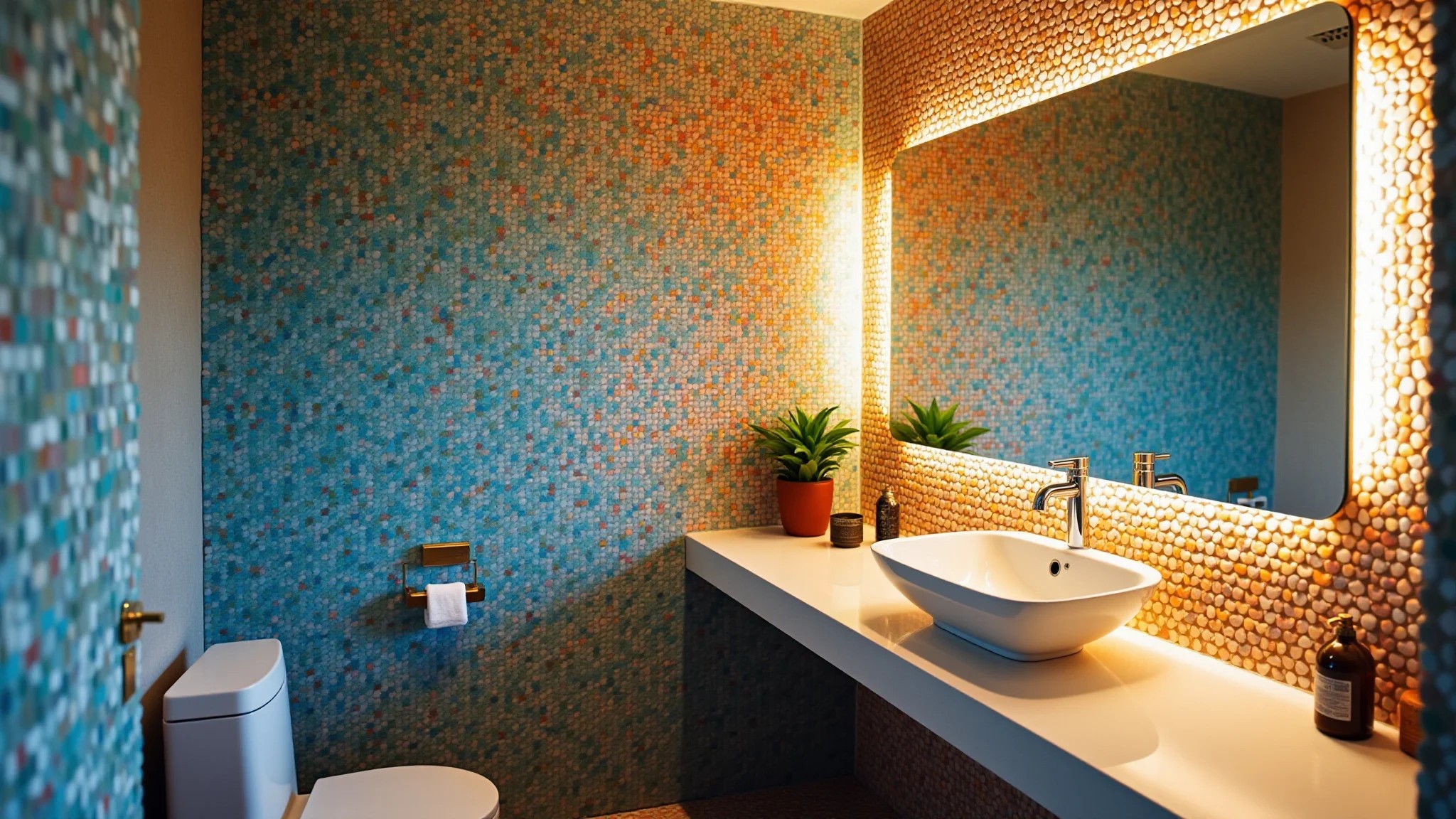 Mosaico artístico feito com pastilhas de vidro em um banheiro, design único e cores vibrantes.