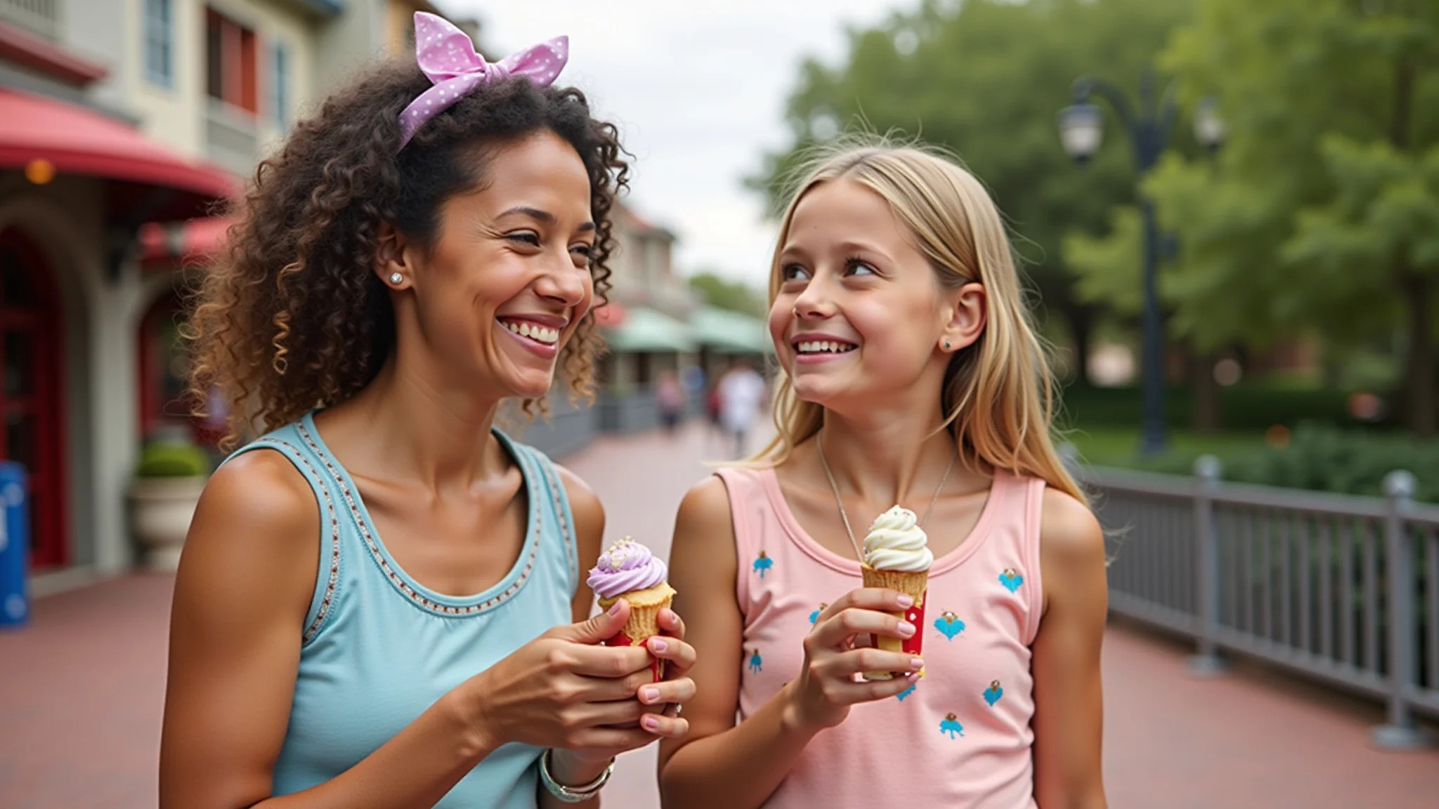 Mãe e filha saboreando uma sobremesa no Epcot, Orlando.