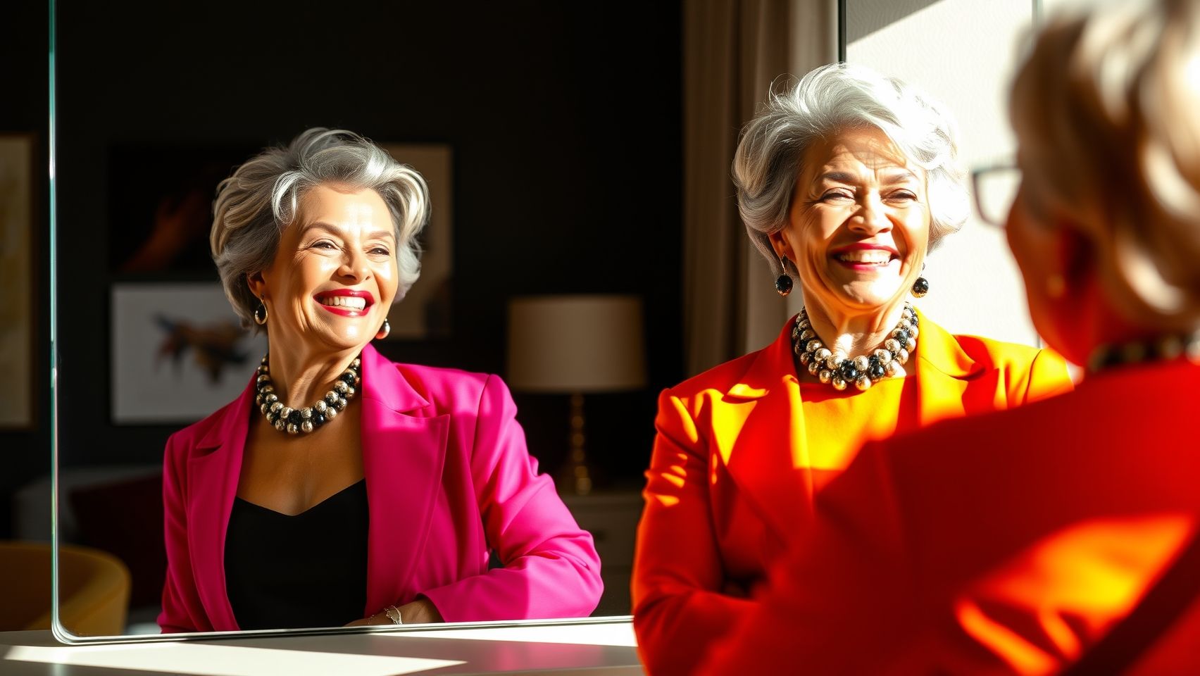 Mulher 60+ confiante e feliz com seu visual moderno e elegante. Autoestima e moda para mulheres maduras.