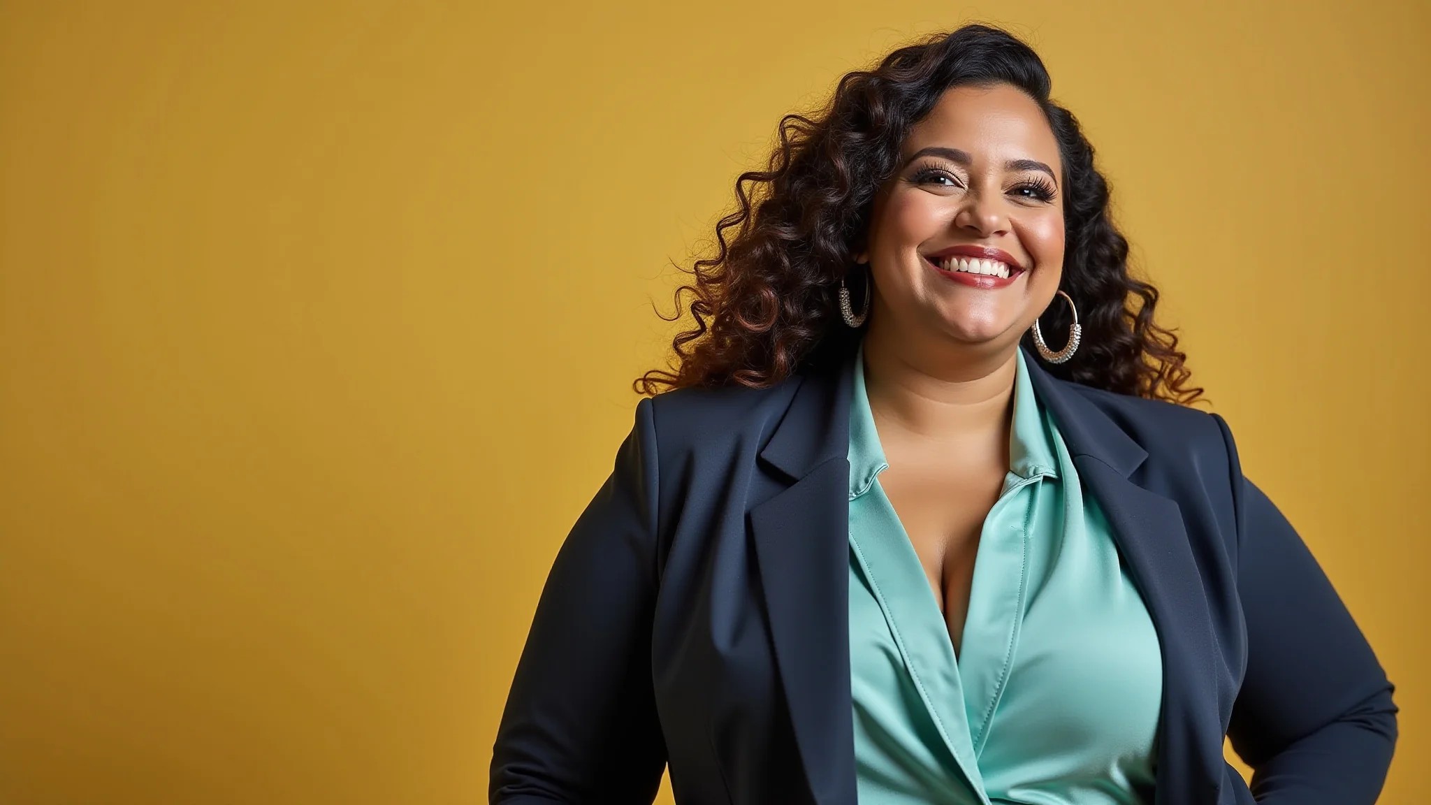 Mulher plus size confiante em look de trabalho moderno e elegante