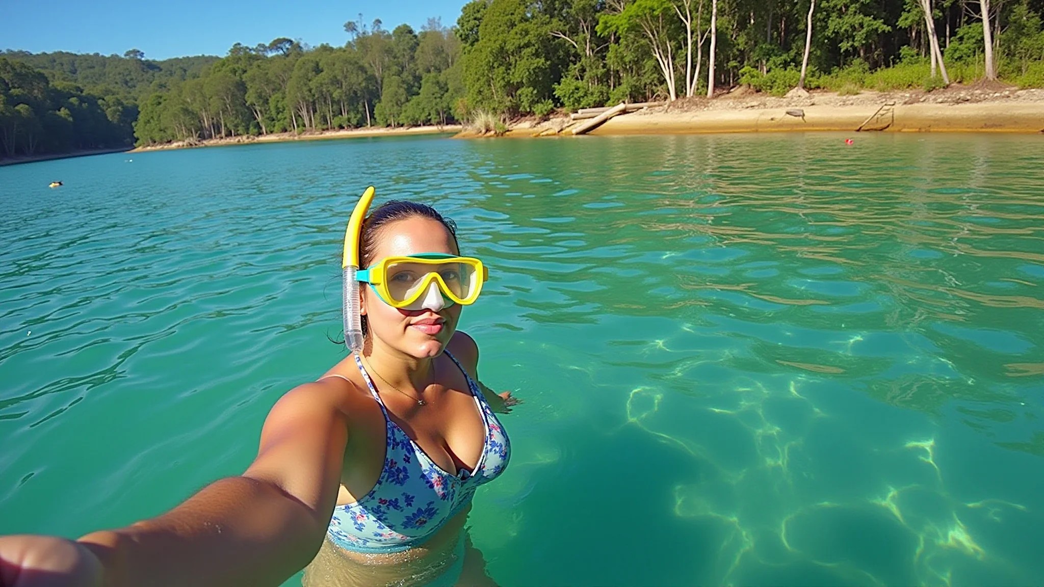 Mulher mergulhando em rio cristalino em Bonito, MS.