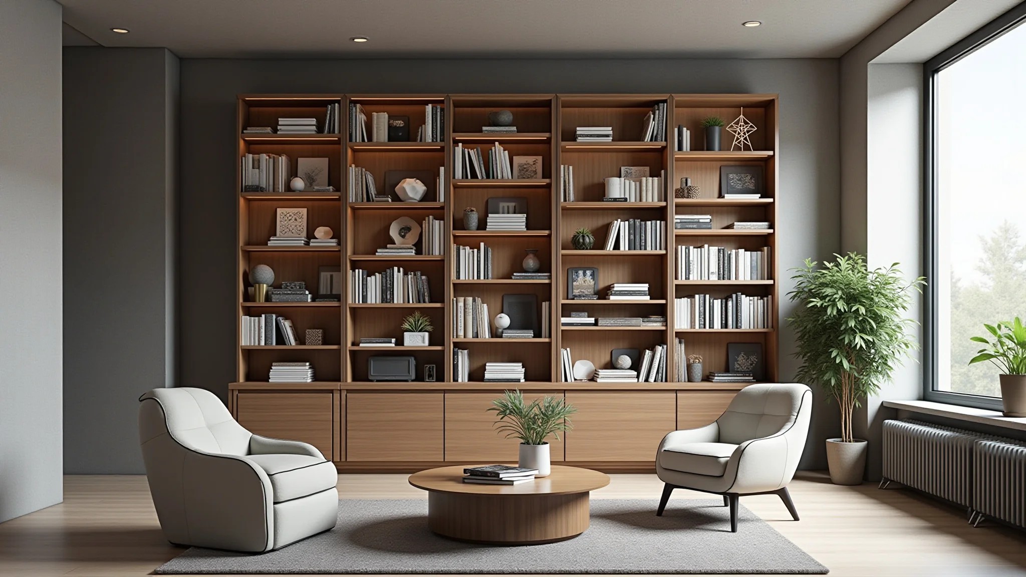 Estante multifuncional dividindo ambientes em loft moderno, com livros e decoração.