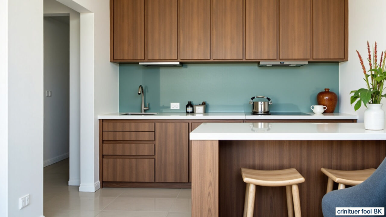 Bancada multifuncional em cozinha pequena, servindo como área de preparo e mesa.
