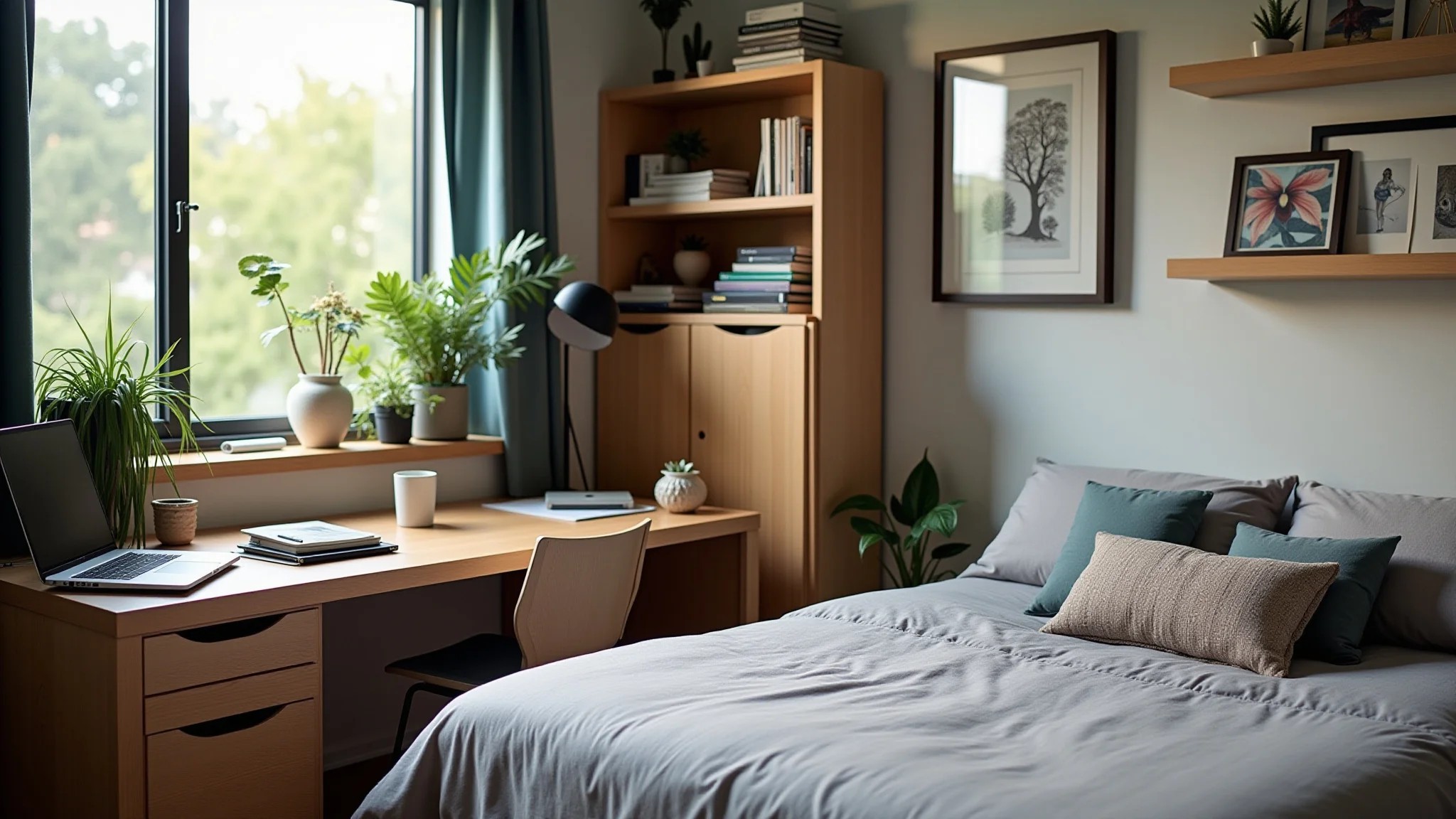 Escrivaninha multifuncional adaptável para trabalho e hobbies em quarto decorado.